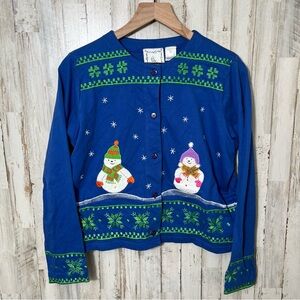 Vtg Y2K Michael Simon Christmas Snowman Blue Cardigan Sweater Womens Medium